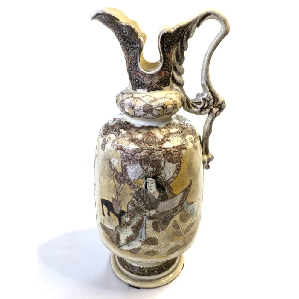 Antique Japanese Satsuma Moriage Ewer Pitcher Vase Vintage Hand Painted 17 Inch